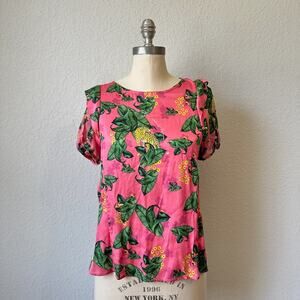 EMILY LOVELOCK Blouse Pink Floral Palm Leopard Puff Sleeve Boho Casual